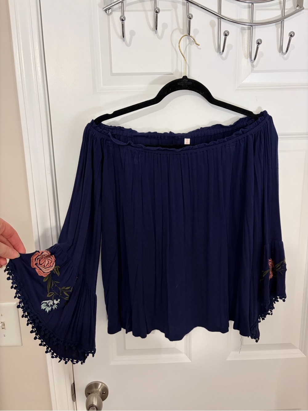 Xhilaration Western Bobo Navy Off-Shoulder Bell Sleeve Top with Rose Embroidery